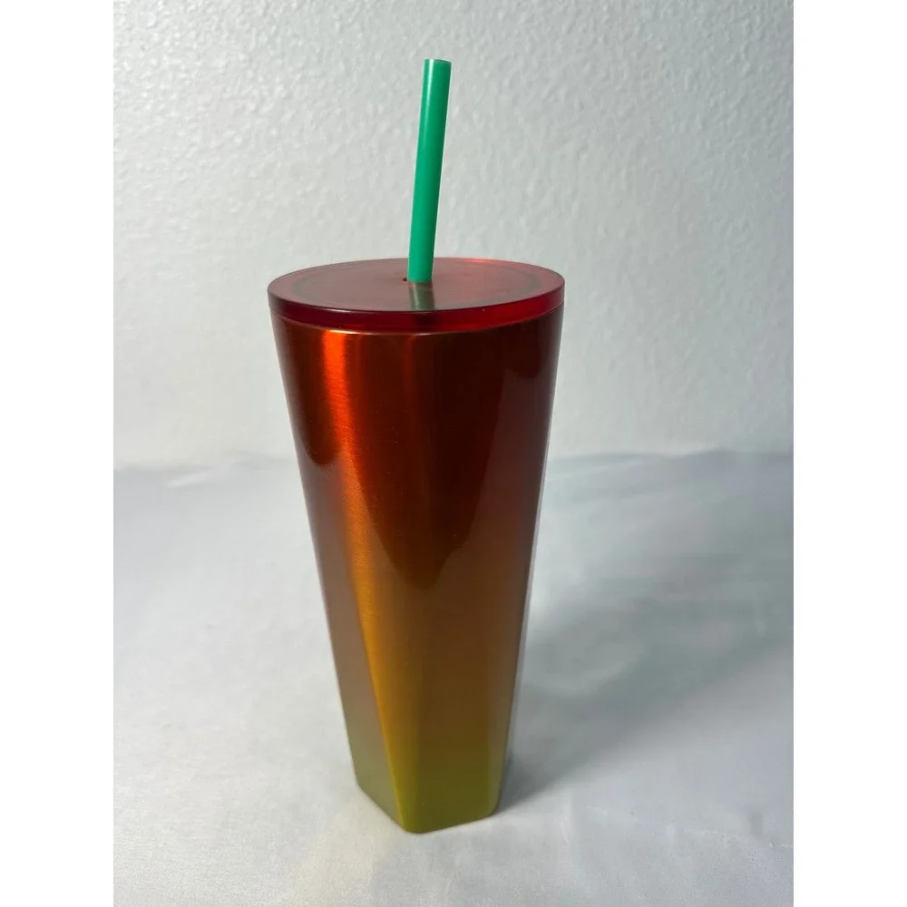 Starbucks 2022‎ Red Orange Yellow Ombre Faceted 24oz Cold Cup Tumbler with Straw